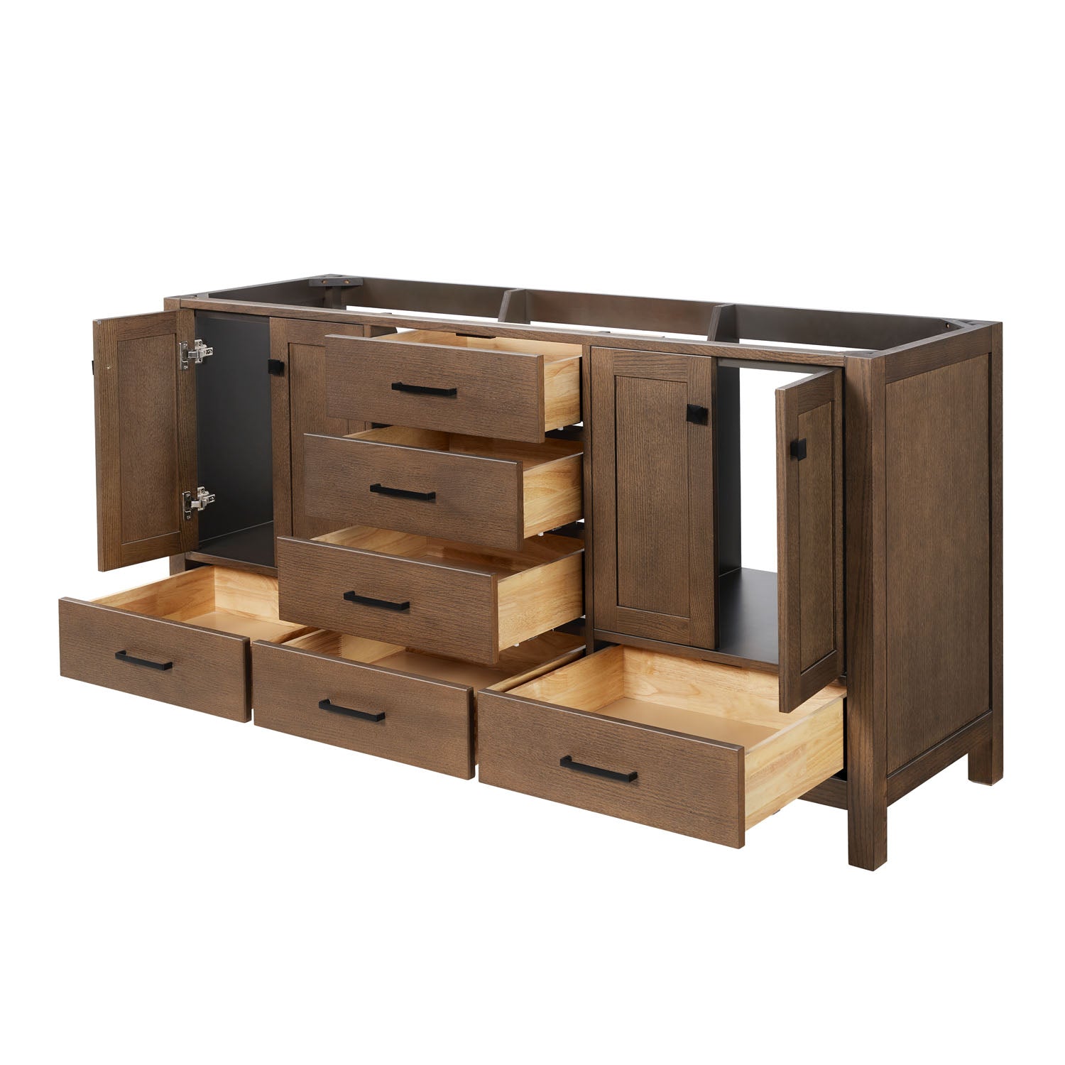Beckford 66-inch Brown Oak base cabinet on white back ground side view open door