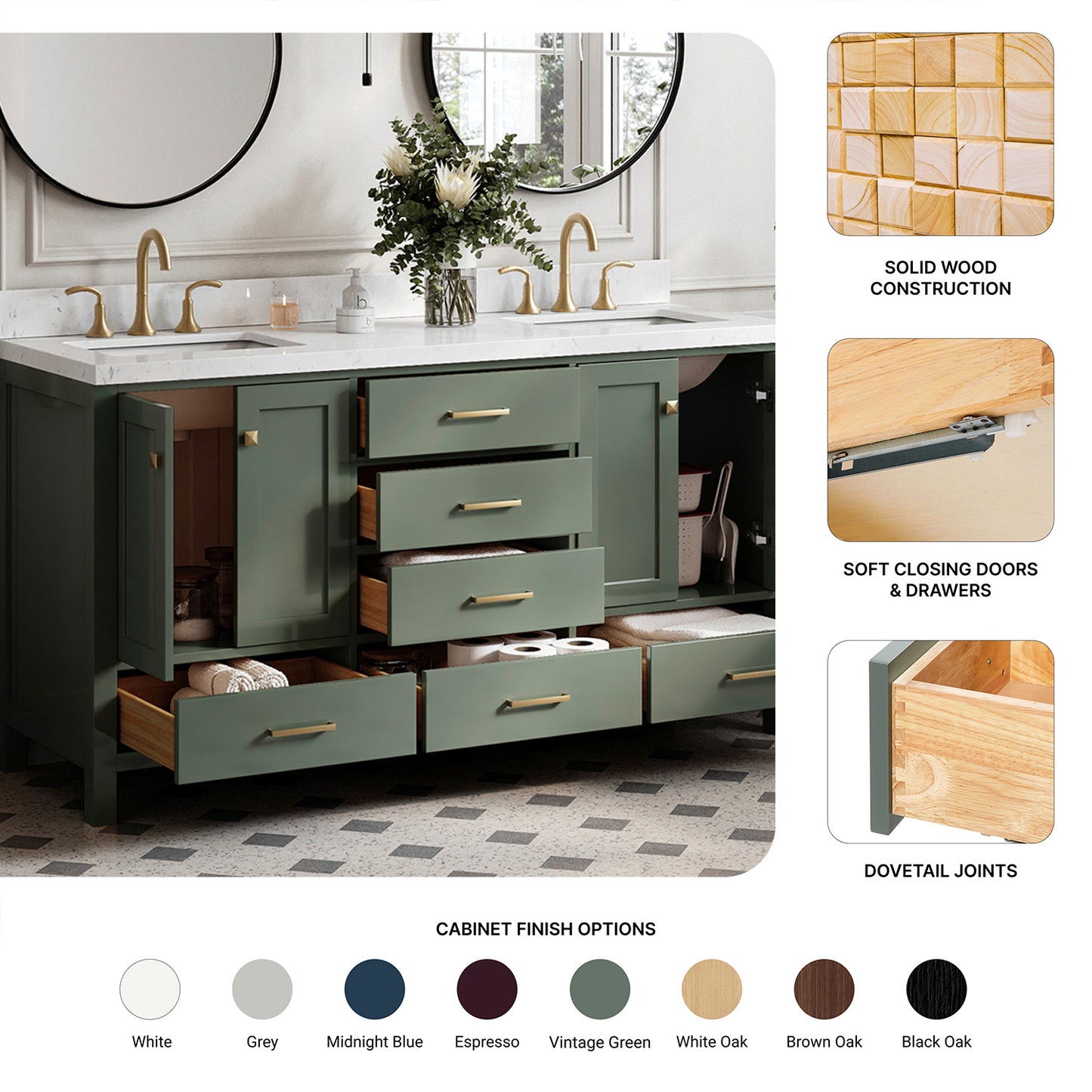 Beckford 66-inch Vintage Green base cabinet on feature highlights: solid wood frame, soft-close doors and drawers, Sherwin-Williams paint finish