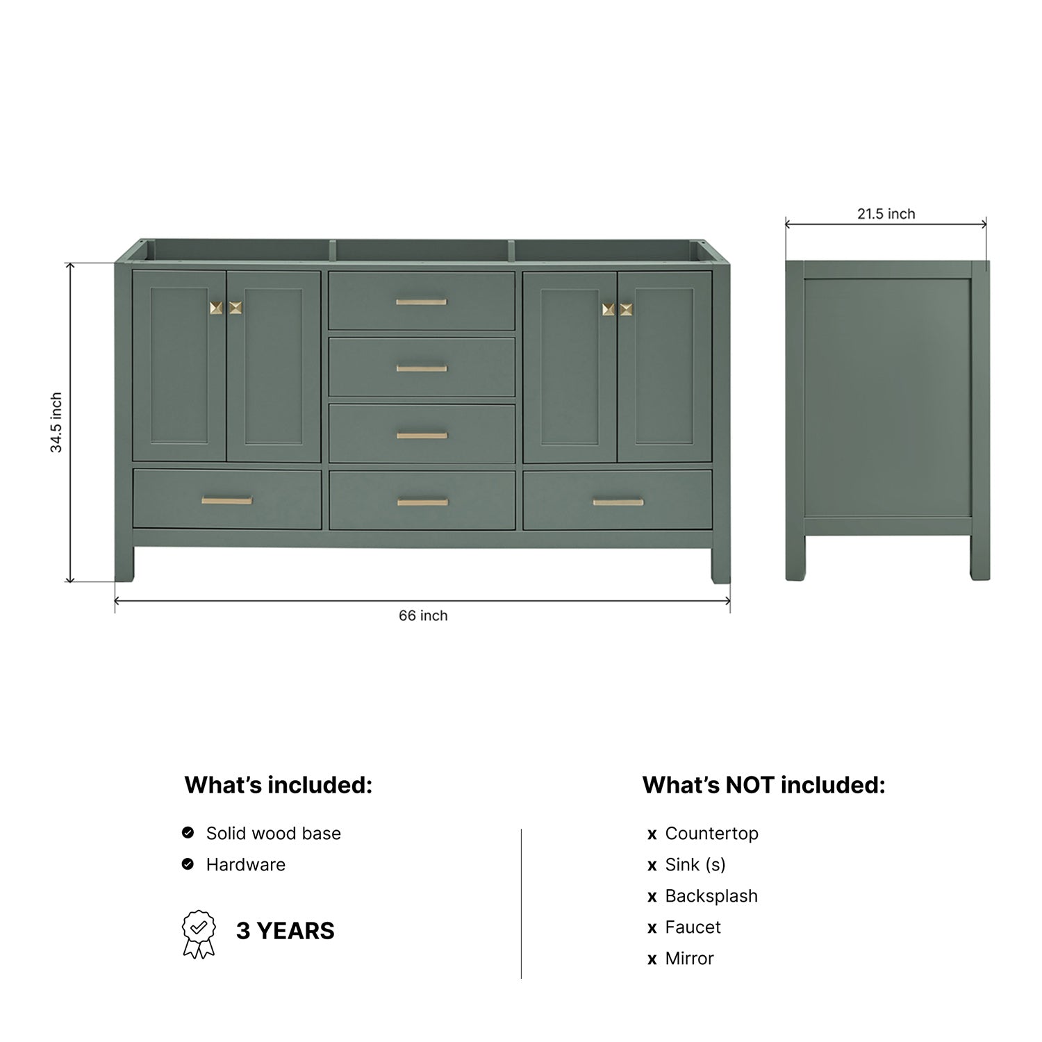 Beckford 66-inch Vintage Green base cabinet on dimensions
