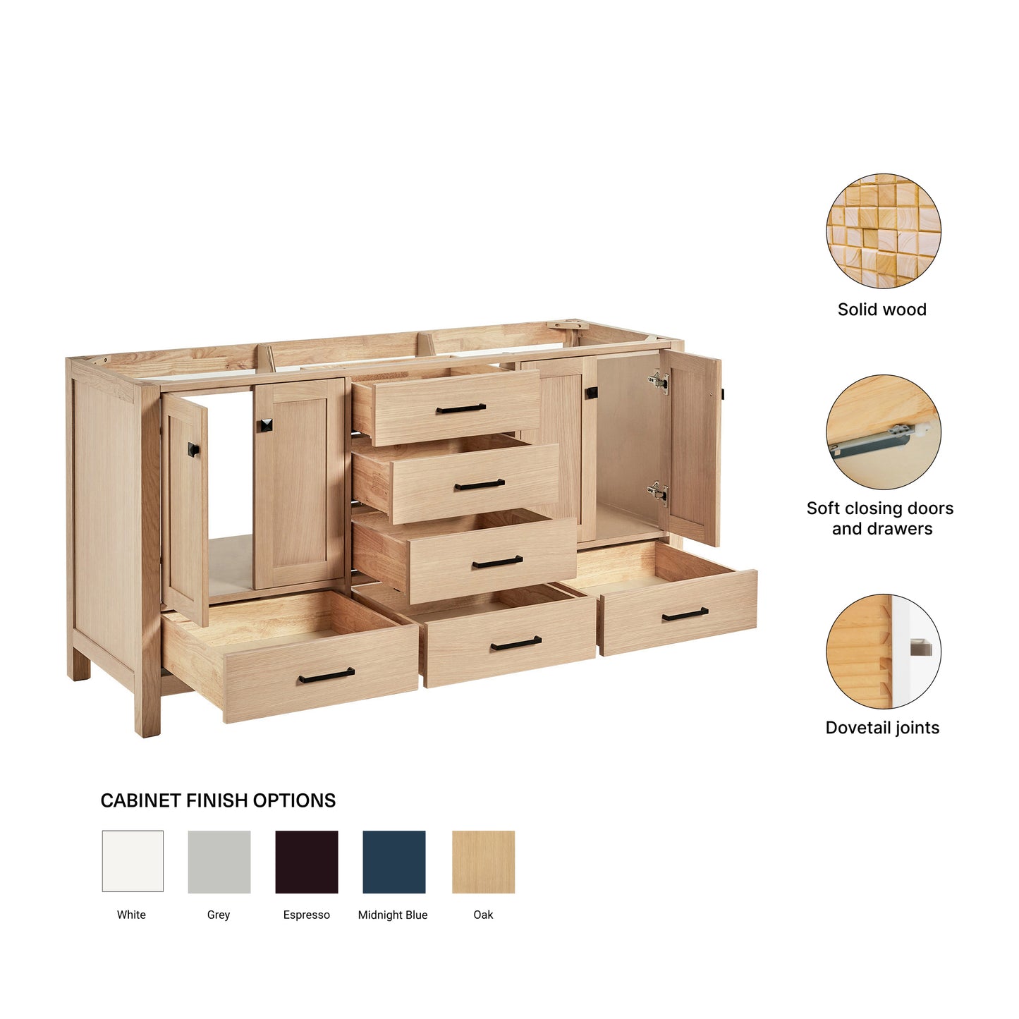 Beckford 66-inch Natural Oak base cabinet on feature highlights: solid wood frame, soft-close doors and drawers, Sherwin-Williams paint finish
