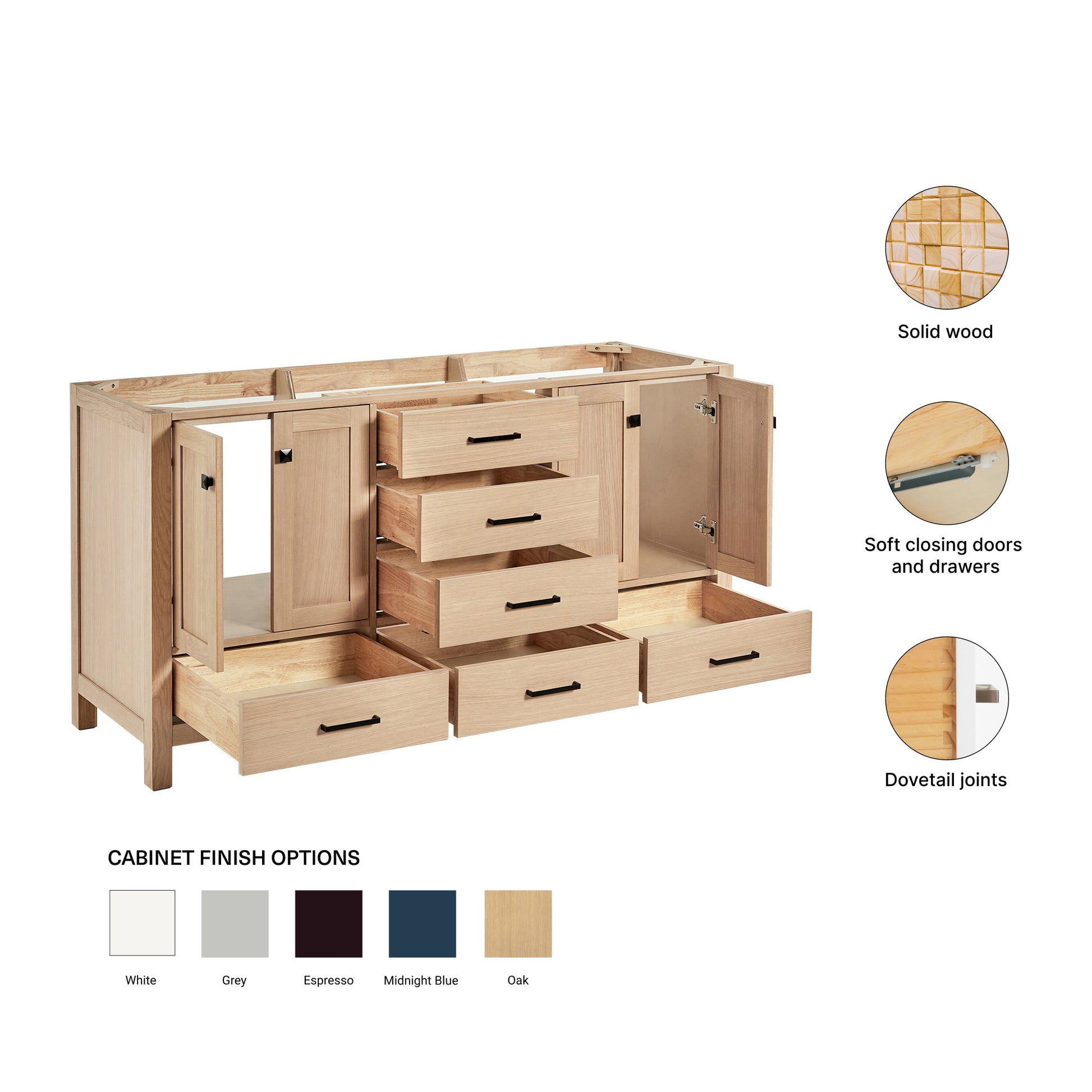 Beckford 66-inch Natural Oak base cabinet on feature highlights: solid wood frame, soft-close doors and drawers, Sherwin-Williams paint finish