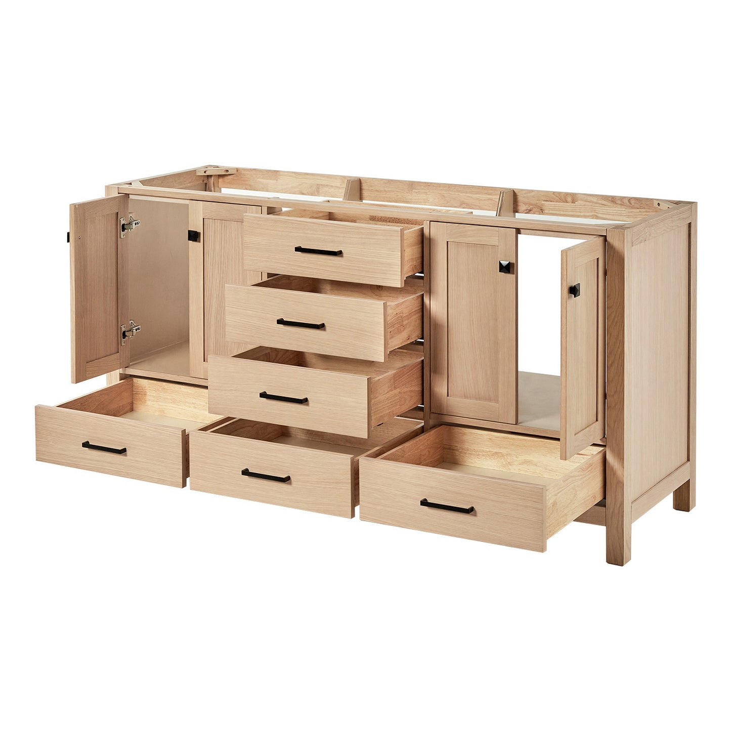 Beckford 66-inch Natural Oak base cabinet on white back ground side view open door