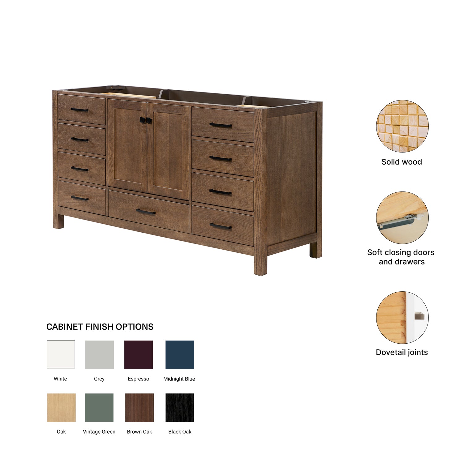 Beckford 66-inch Brown Oak base cabinet on feature highlights: solid wood frame, soft-close doors and drawers, Sherwin-Williams paint finish