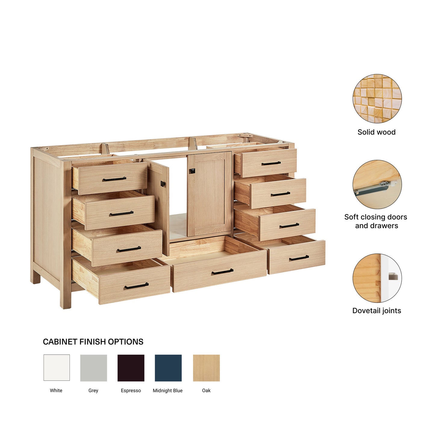 Beckford 66-inch Natural Oak base cabinet on feature highlights: solid wood frame, soft-close doors and drawers, Sherwin-Williams paint finish