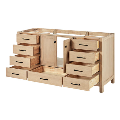 Beckford 66-inch Natural Oak base cabinet on white back ground side view open door