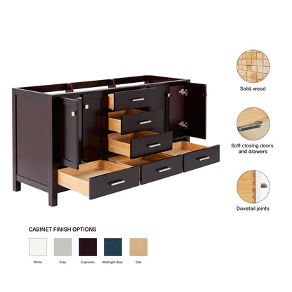 Beckford 66-inch Espresso base cabinet on feature highlights: solid wood frame, soft-close doors and drawers, Sherwin-Williams paint finish