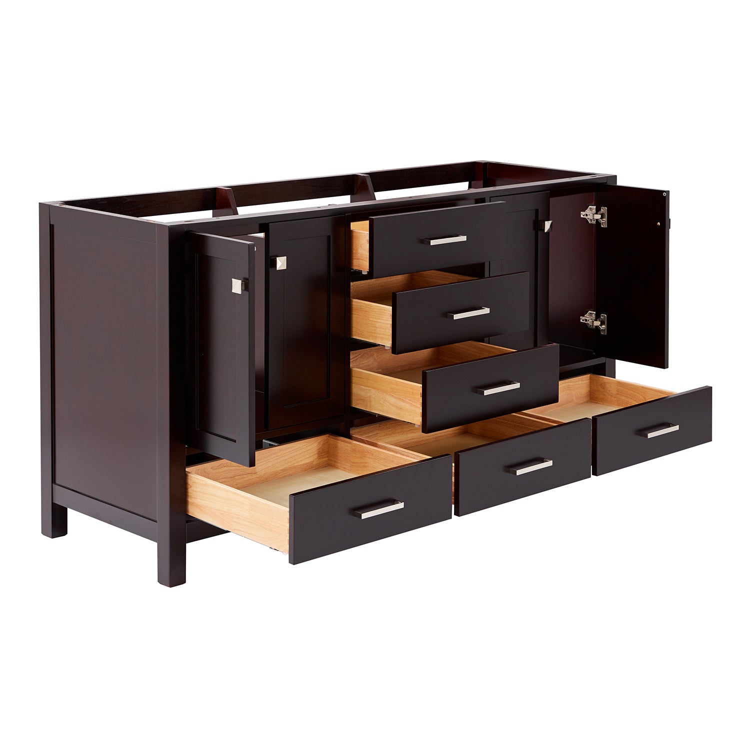 Beckford 66-inch Espresso base cabinet on white back ground side view open door