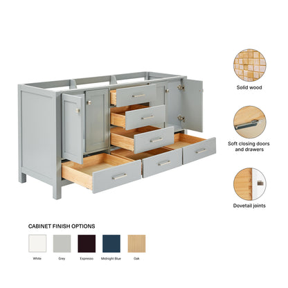 Beckford 66-inch Grey base cabinet on feature highlights: solid wood frame, soft-close doors and drawers, Sherwin-Williams paint finish
