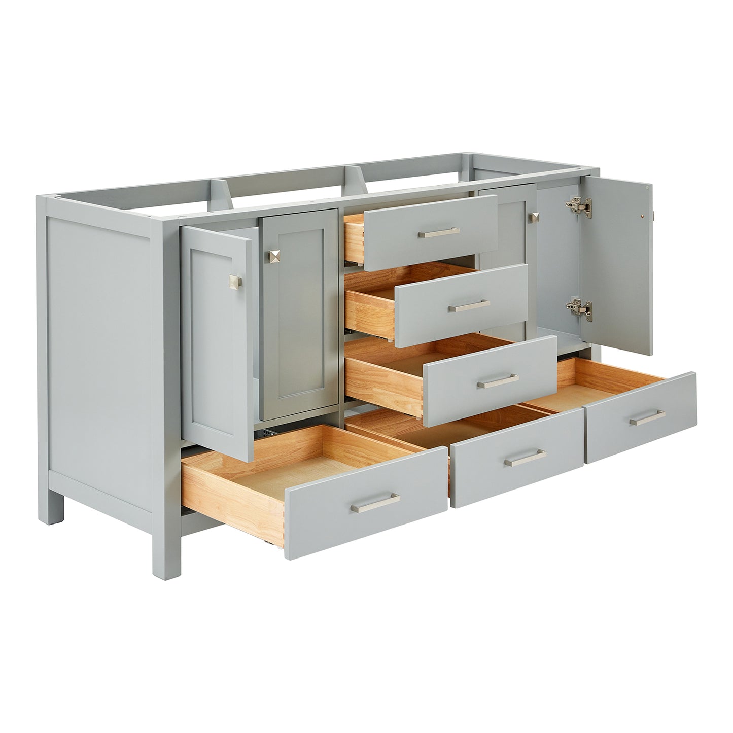 Beckford 66-inch Grey base cabinet on white back ground side view open door