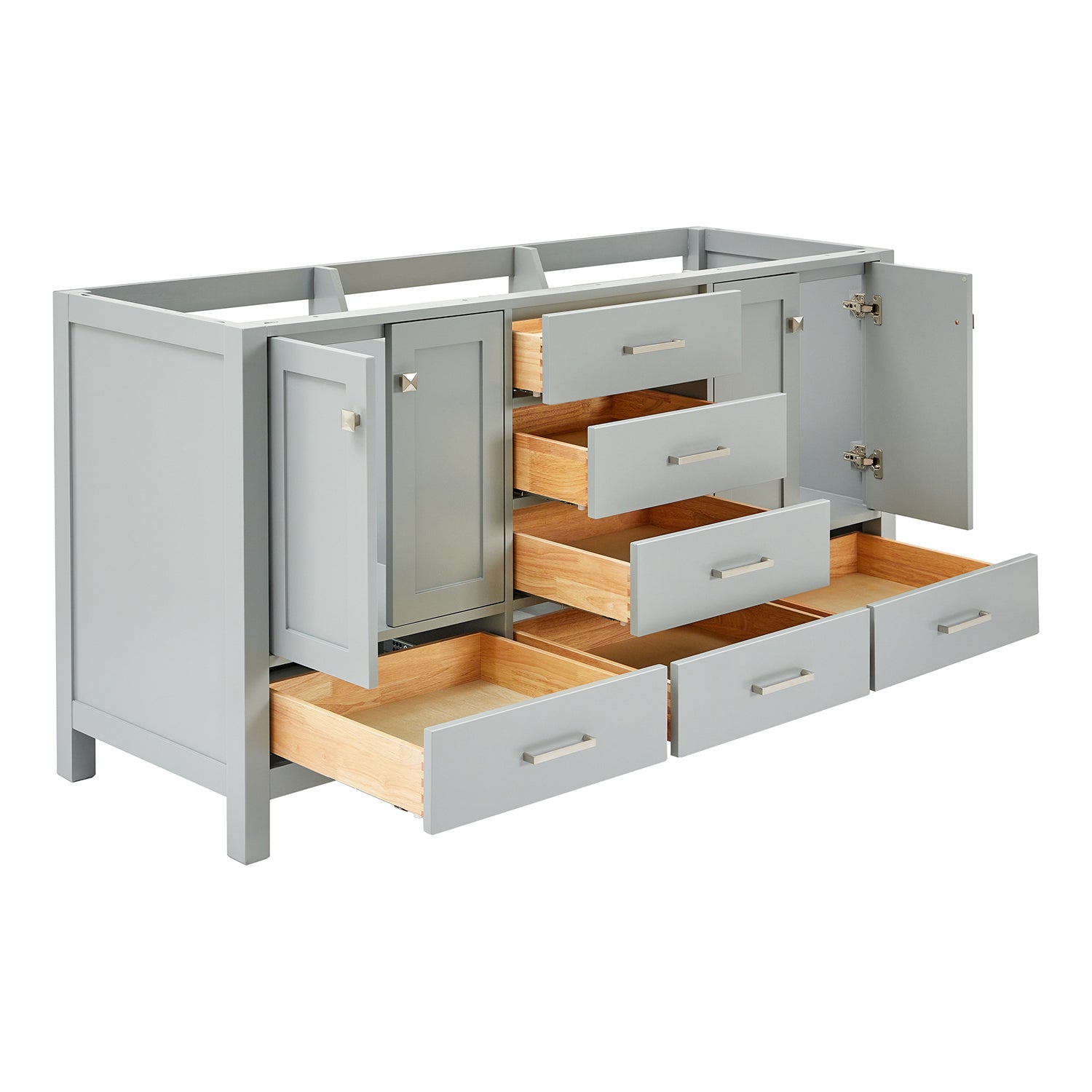 Beckford 66-inch Grey base cabinet on white back ground side view open door