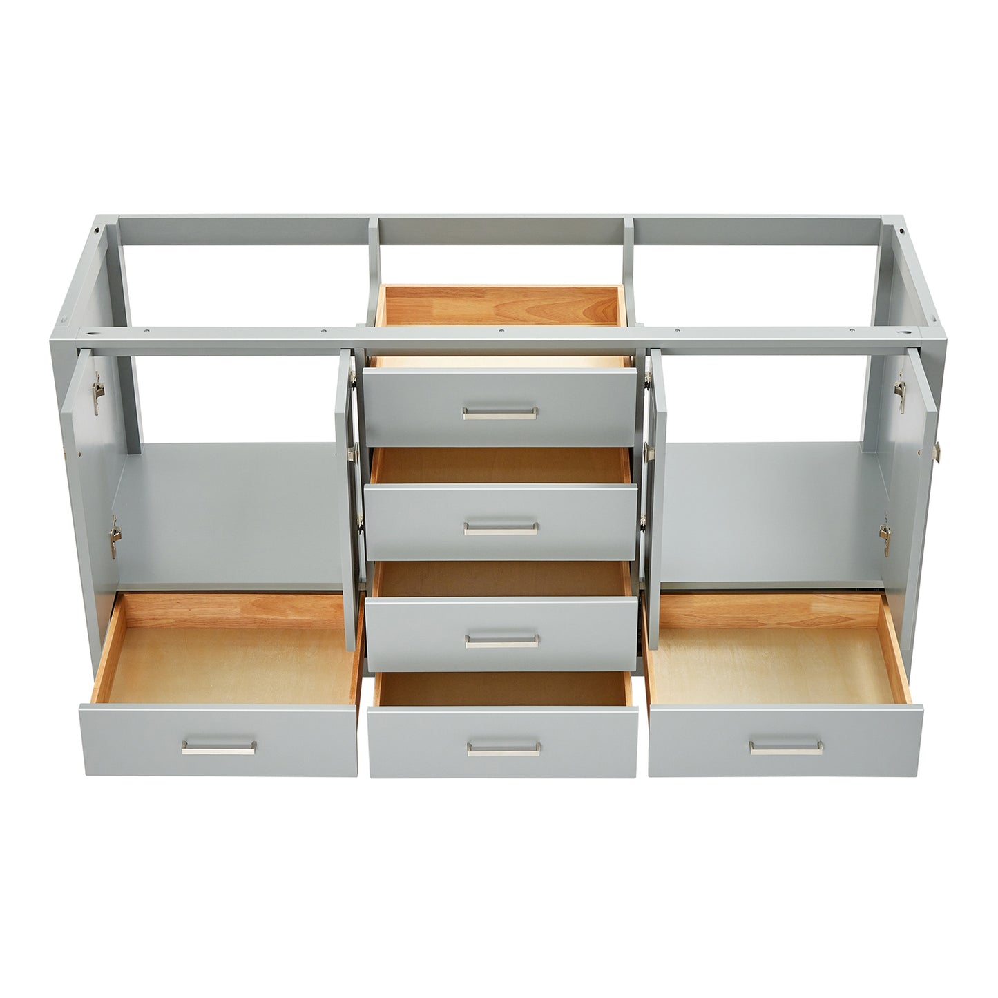 Beckford 66-inch Grey base cabinet on white back ground front view open door