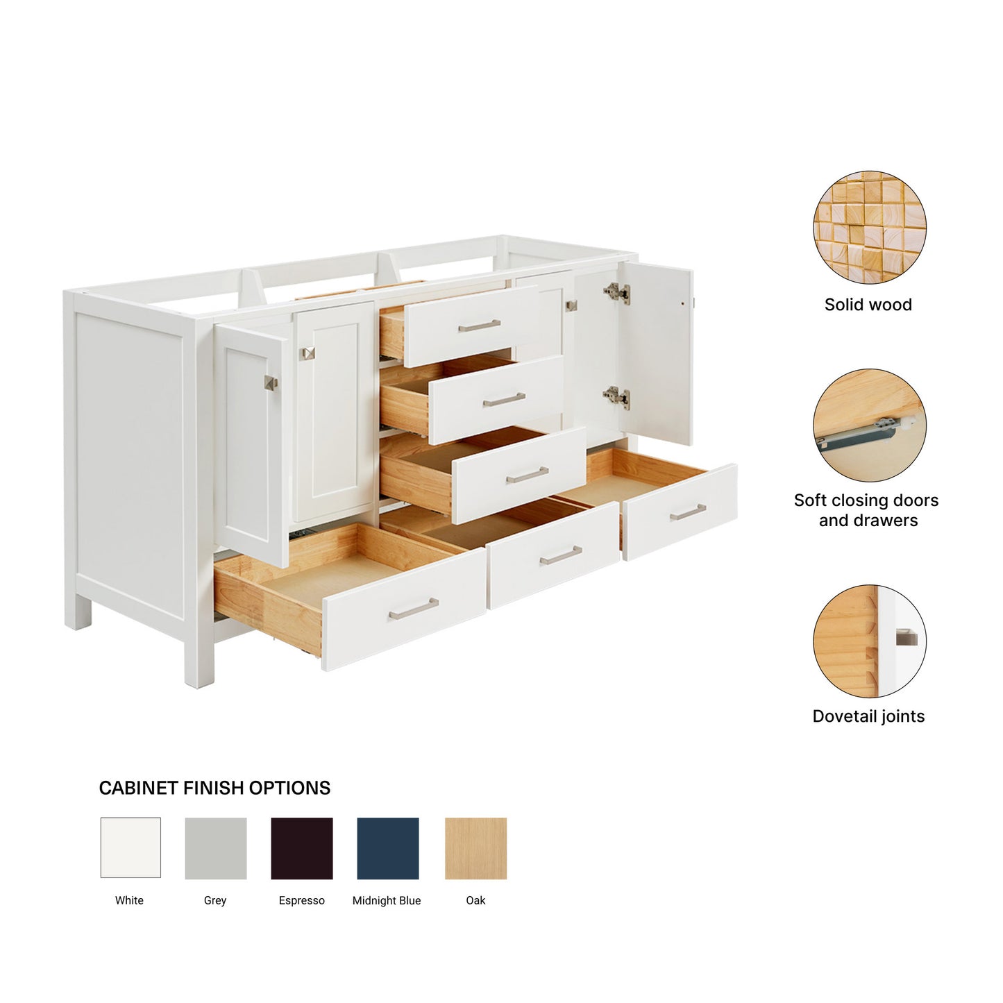 Beckford 66-inch White base cabinet on feature highlights: solid wood frame, soft-close doors and drawers, Sherwin-Williams paint finish