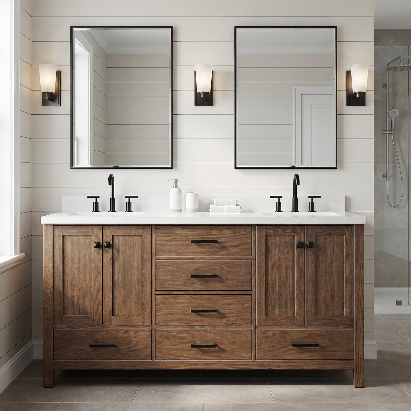 Beckford 66-Inch Brown Oak bathroom vanity in styled bathroom setting