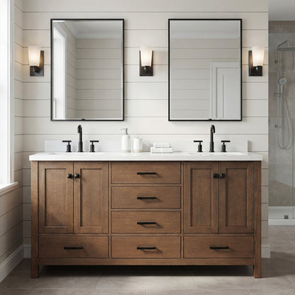 Beckford 66-Inch Brown Oak bathroom vanity in styled bathroom setting