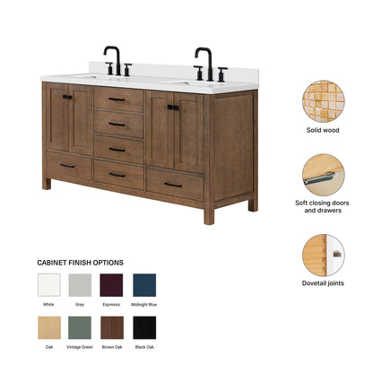 Beckford 66-Inch Brown Oak bathroom vanity – feature highlights: solid wood frame, soft-close doors and drawers, Sherwin-Williams paint finish