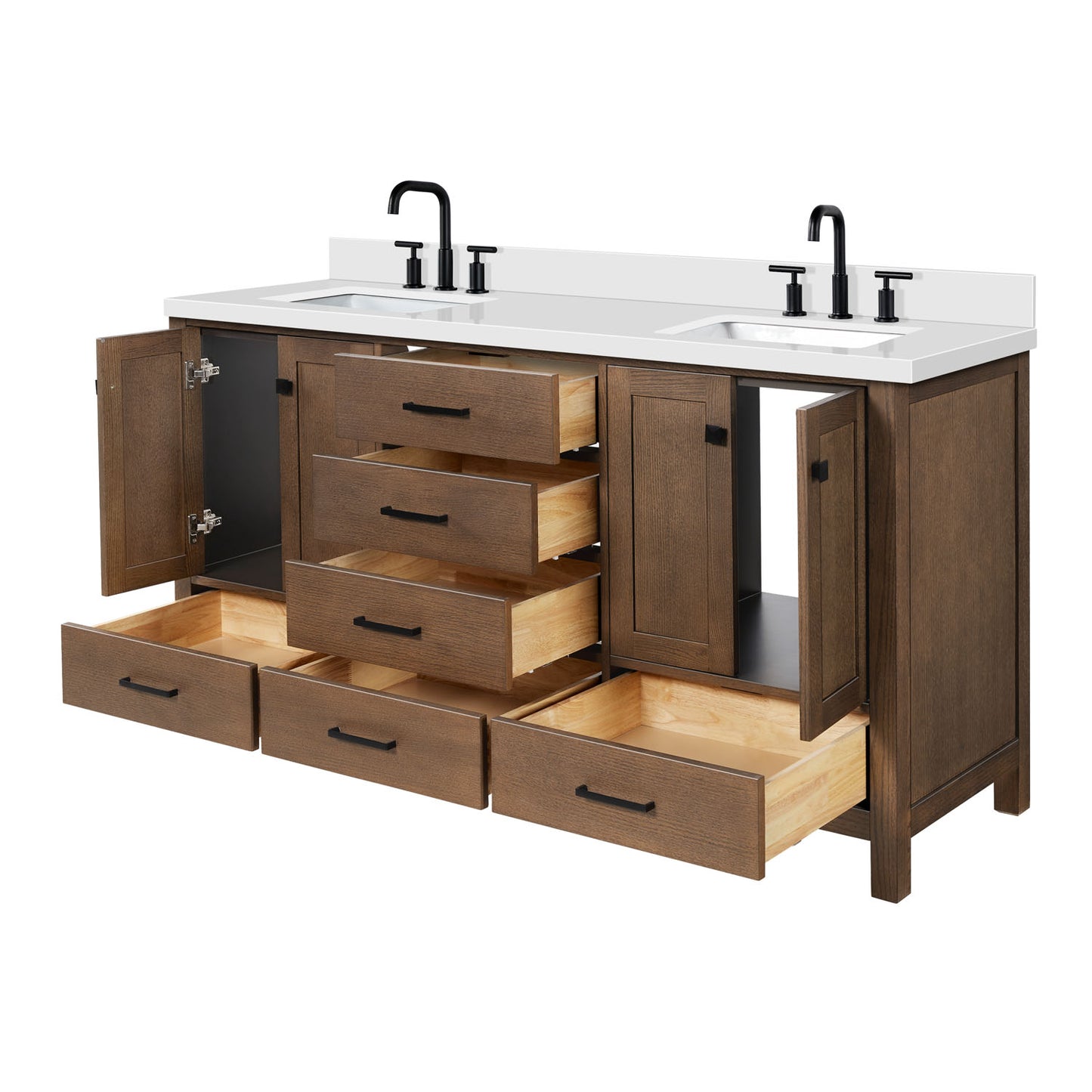 Beckford 66-Inch Brown Oak bathroom vanity on white background – product photo 6