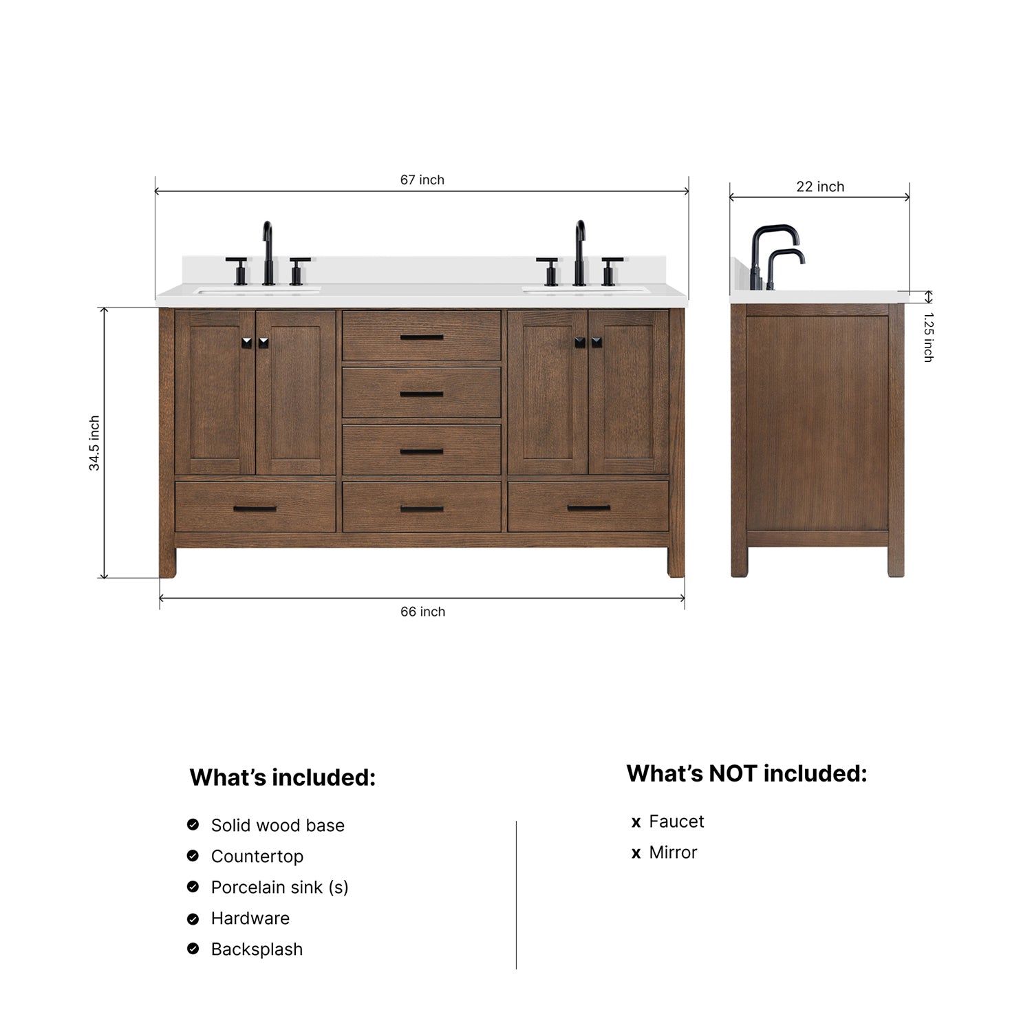 Beckford 66-Inch Brown Oak bathroom vanity dimensions