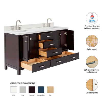 Beckford 66-Inch Espresso bathroom vanity – feature highlights: solid wood frame, soft-close doors and drawers, Sherwin-Williams paint finish