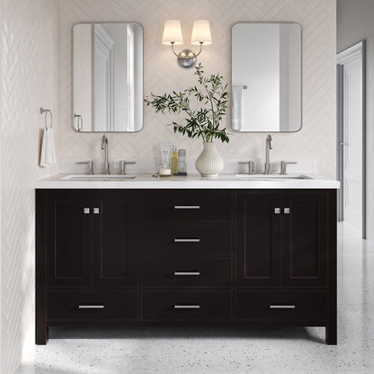 Beckford 66-Inch Espresso bathroom vanity in styled bathroom setting