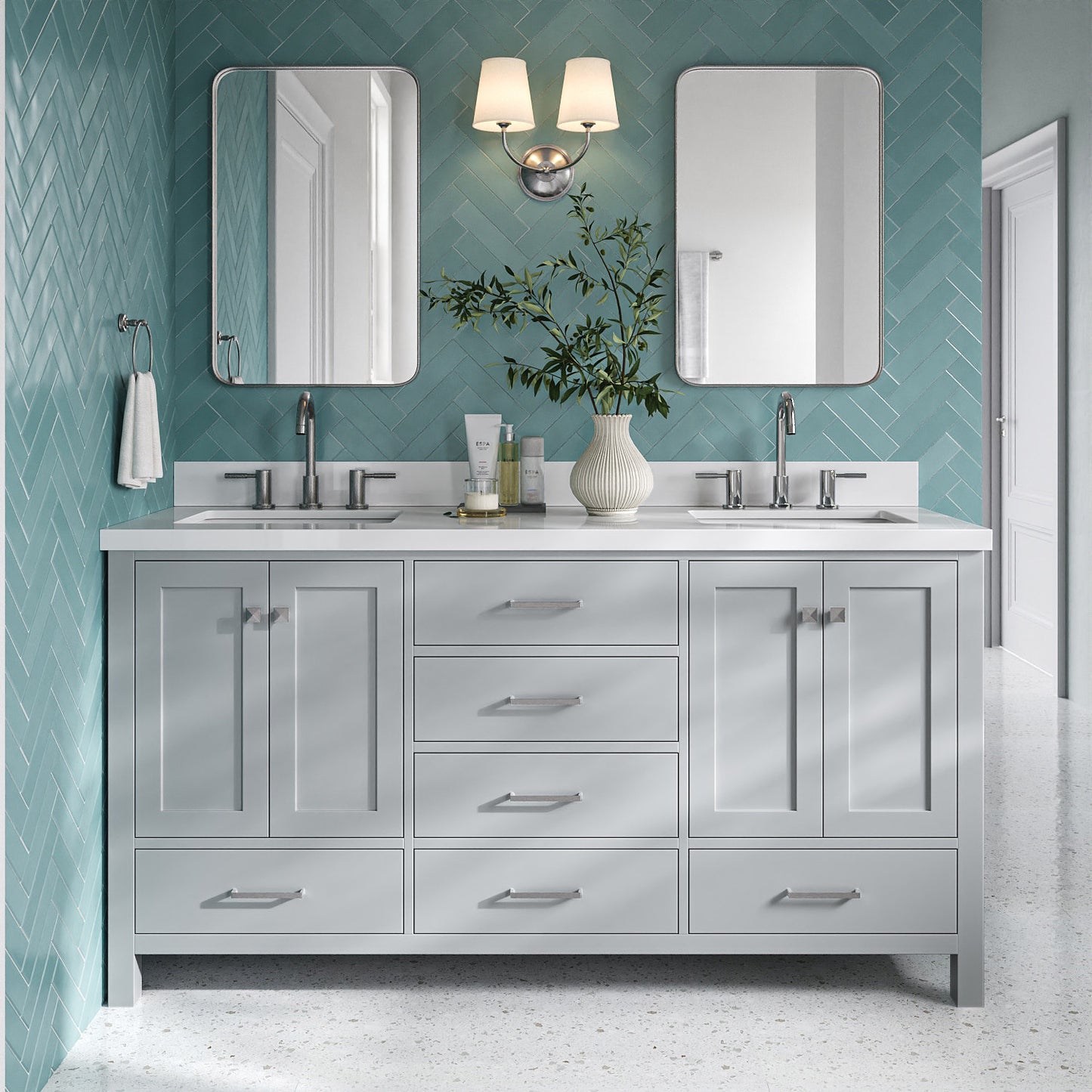 Beckford 66-Inch Grey bathroom vanity in styled bathroom setting