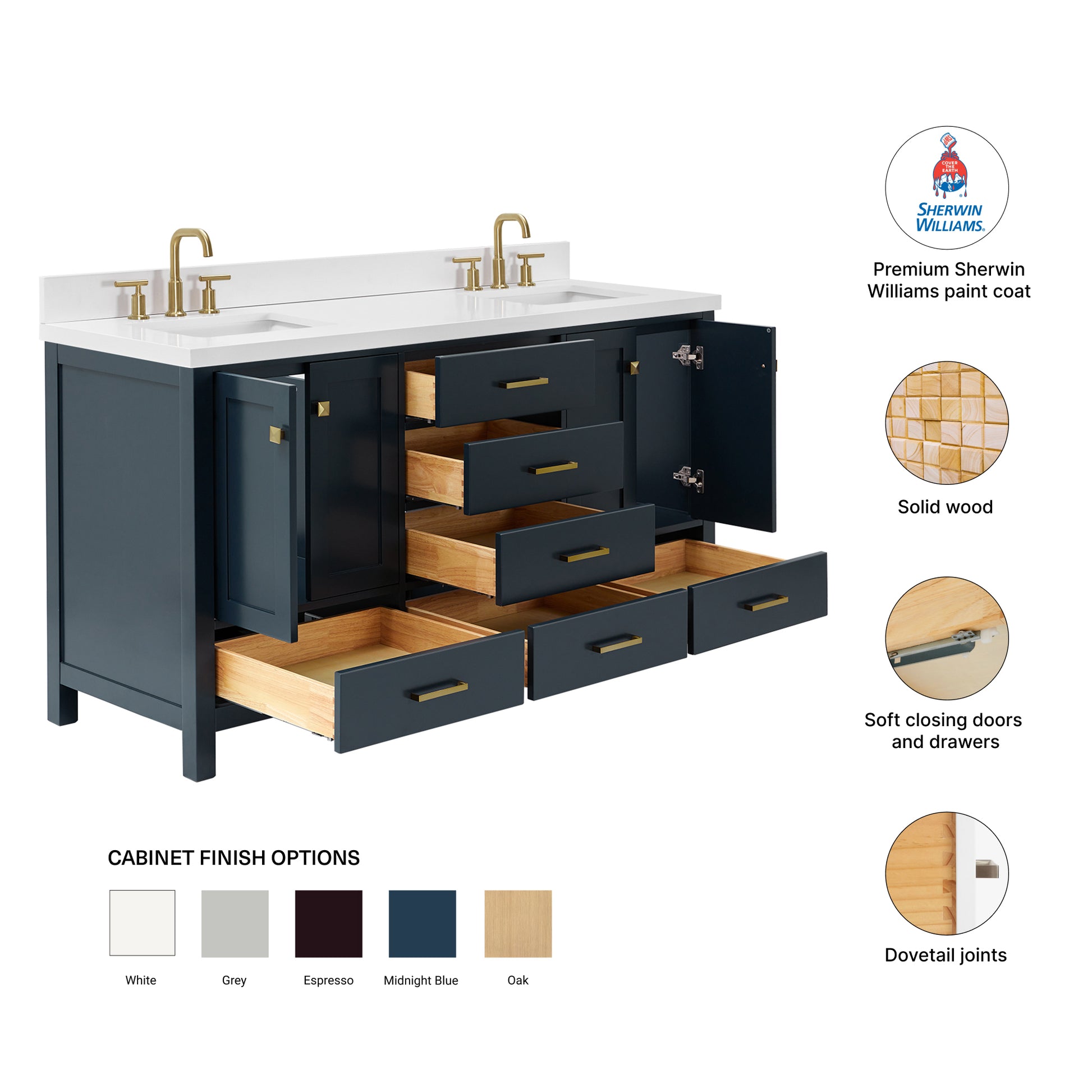 Beckford 66-Inch Midnight Blue bathroom vanity – feature highlights: solid wood frame, soft-close doors and drawers, Sherwin-Williams paint finish
