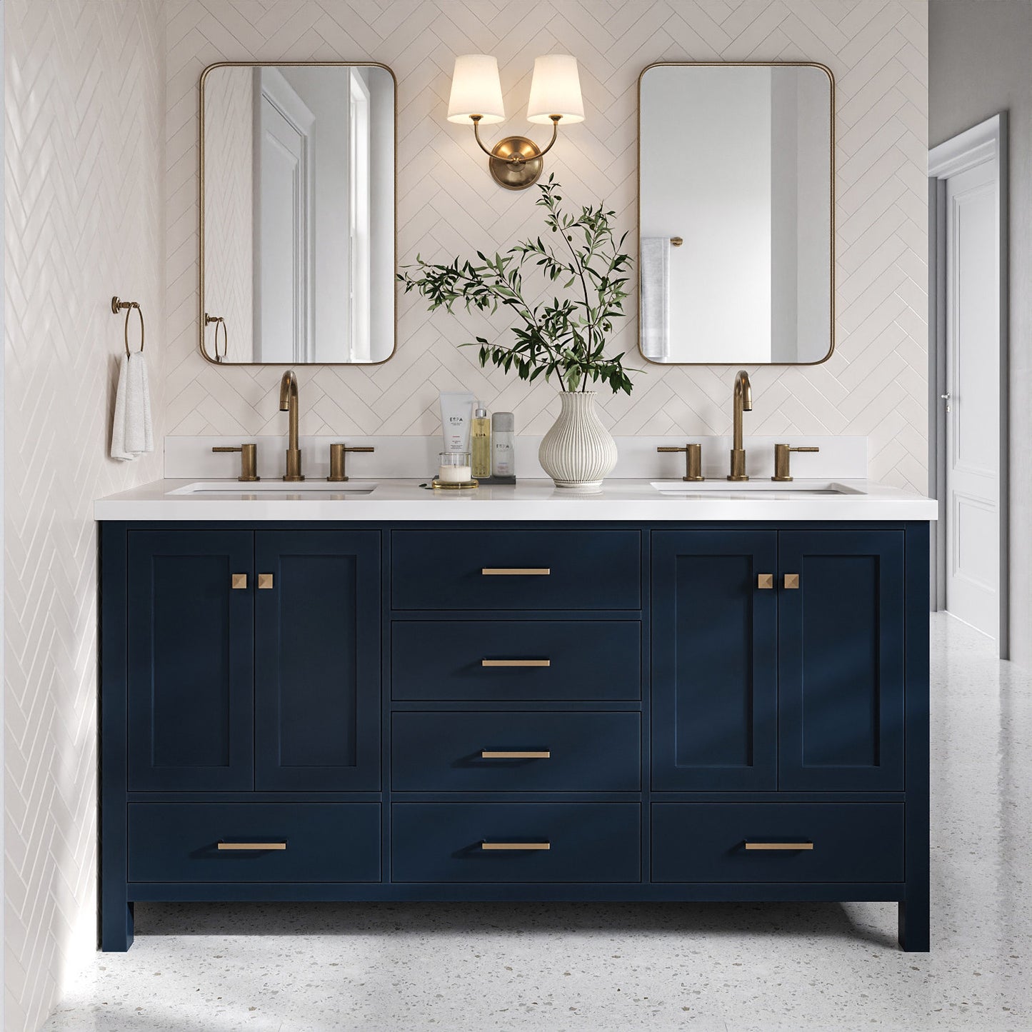 Beckford 66-Inch Midnight Blue bathroom vanity in styled bathroom setting