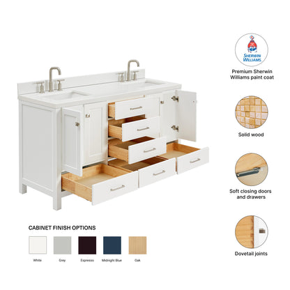Beckford 66-Inch White bathroom vanity – feature highlights: solid wood frame, soft-close doors and drawers, Sherwin-Williams paint finish