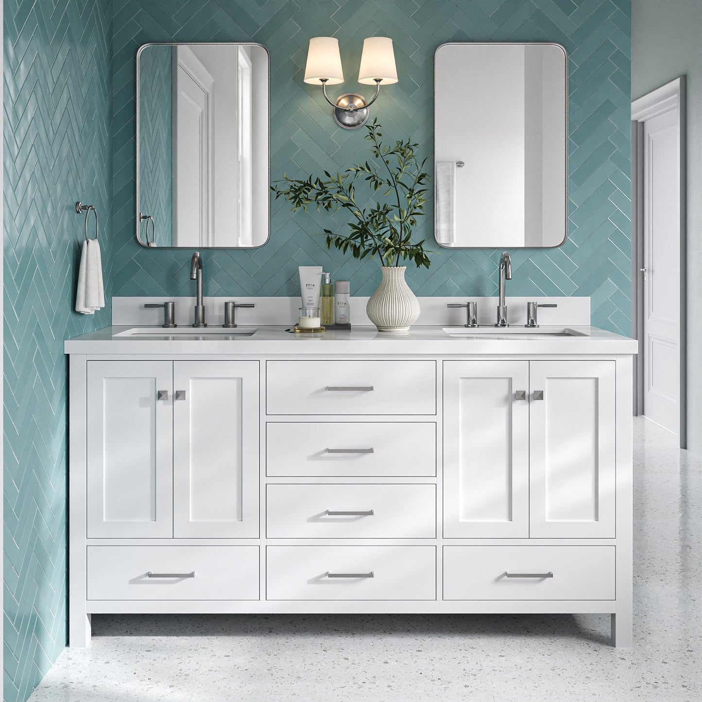 Beckford 66-Inch White bathroom vanity in styled bathroom setting