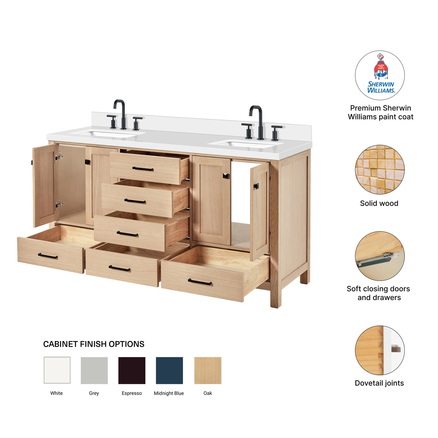 Beckford 66-Inch White Oak bathroom vanity – feature highlights: solid wood frame, soft-close doors and drawers, Sherwin-Williams paint finish