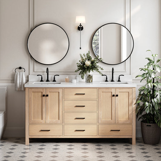 Beckford 66-Inch White Oak bathroom vanity in styled bathroom setting