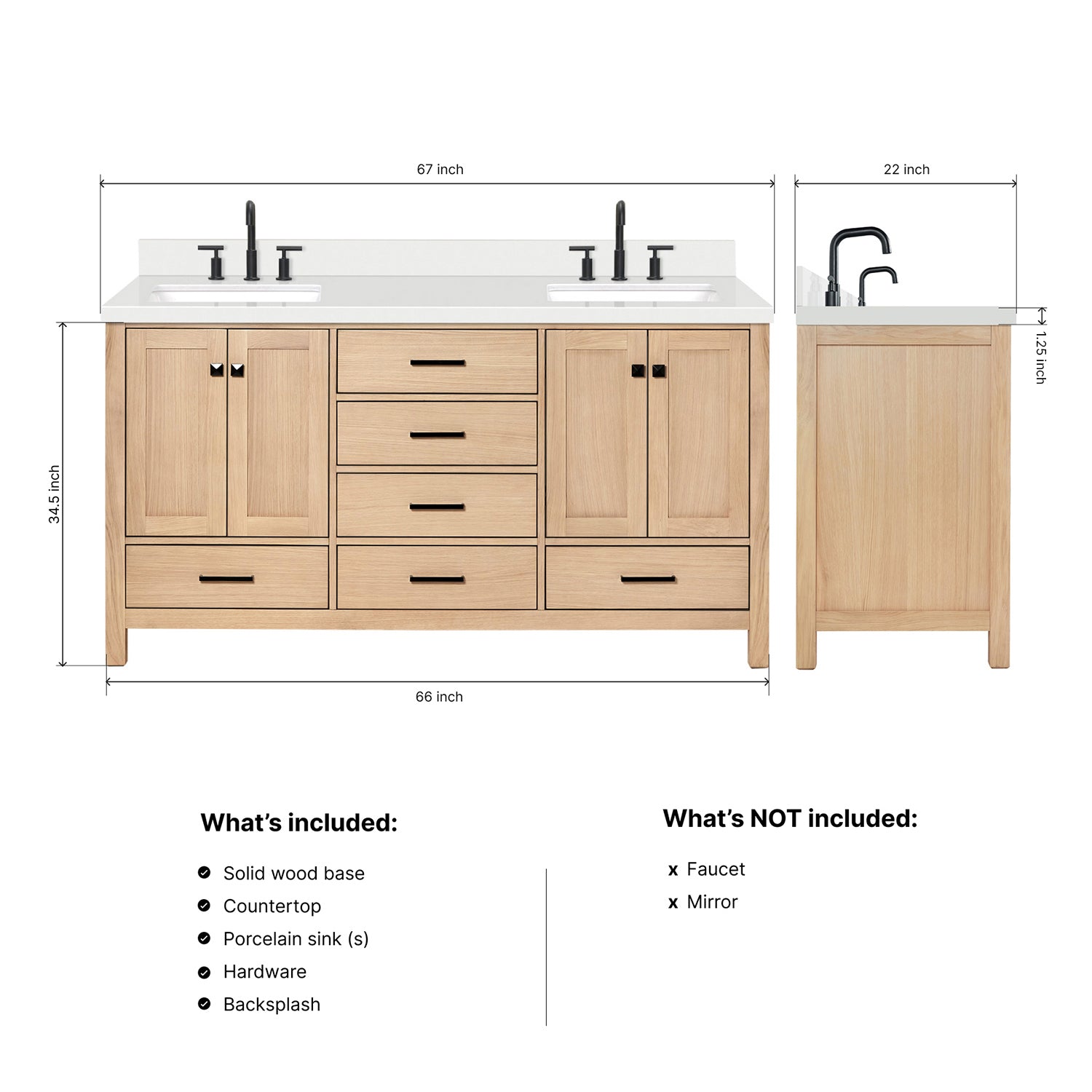 Beckford 66-Inch White Oak bathroom vanity dimensions