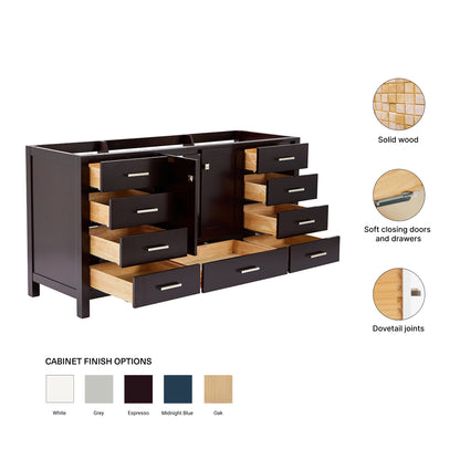Beckford 66-inch Espresso base cabinet on feature highlights: solid wood frame, soft-close doors and drawers, Sherwin-Williams paint finish