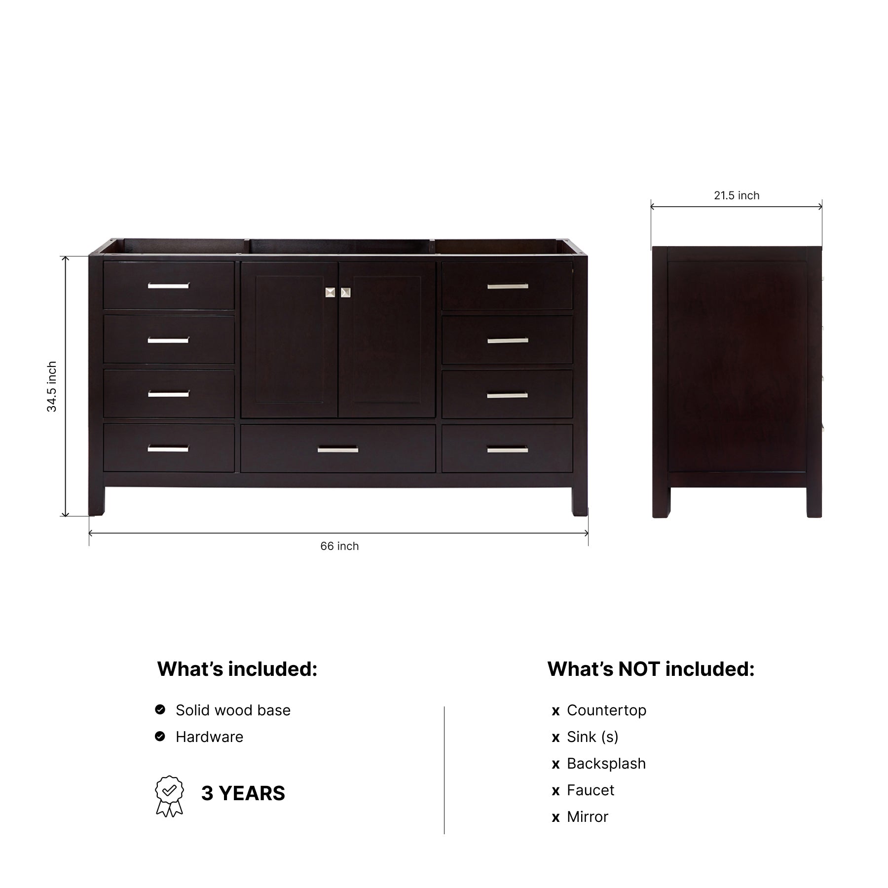 Beckford 66-inch Espresso base cabinet on dimensions