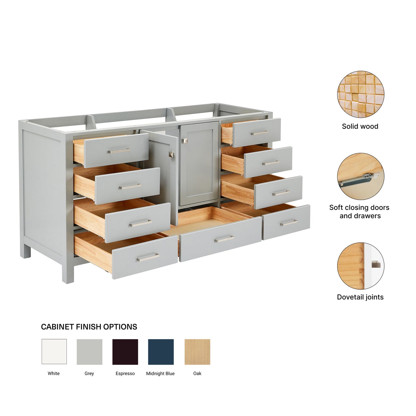 Beckford 66-inch Grey base cabinet on feature highlights: solid wood frame, soft-close doors and drawers, Sherwin-Williams paint finish