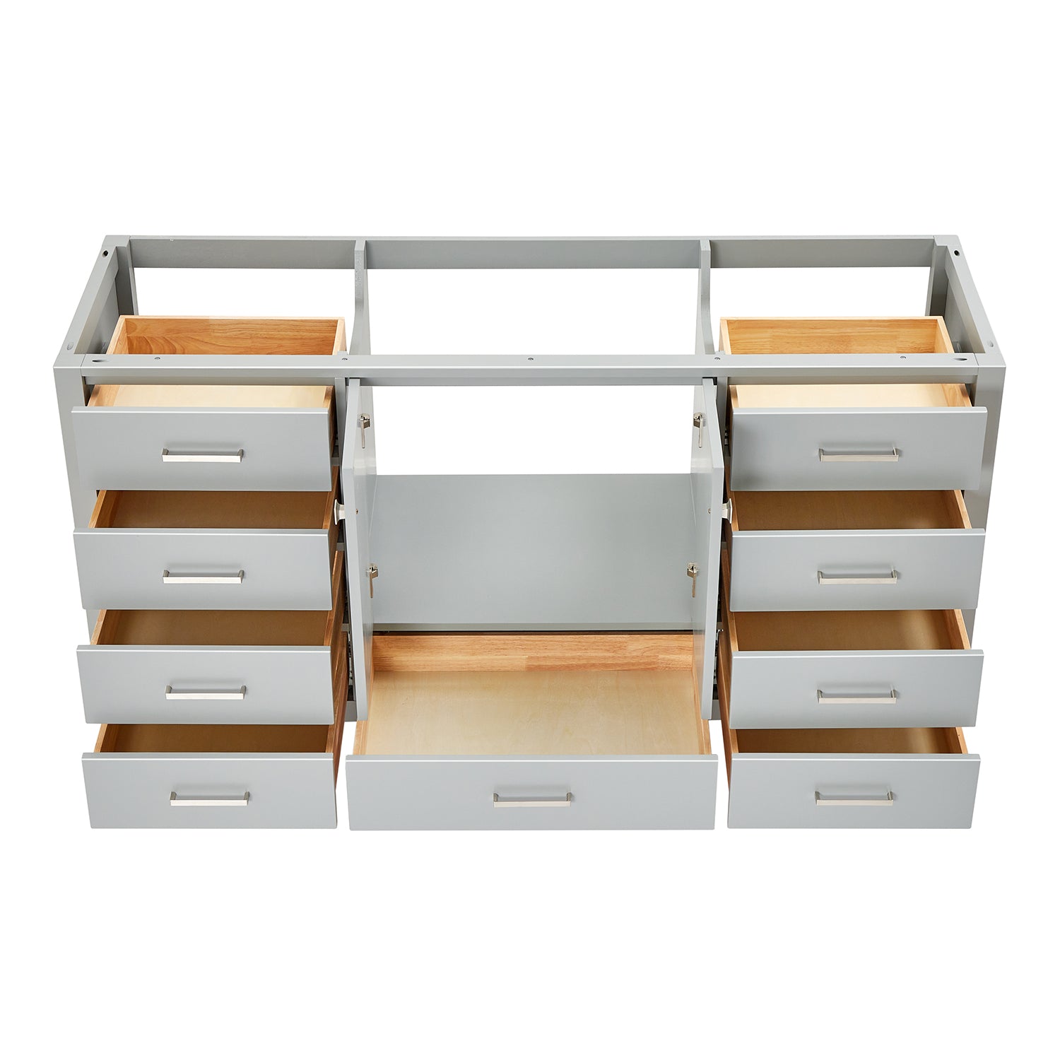 Beckford 66-inch Grey base cabinet on white back ground front view open door