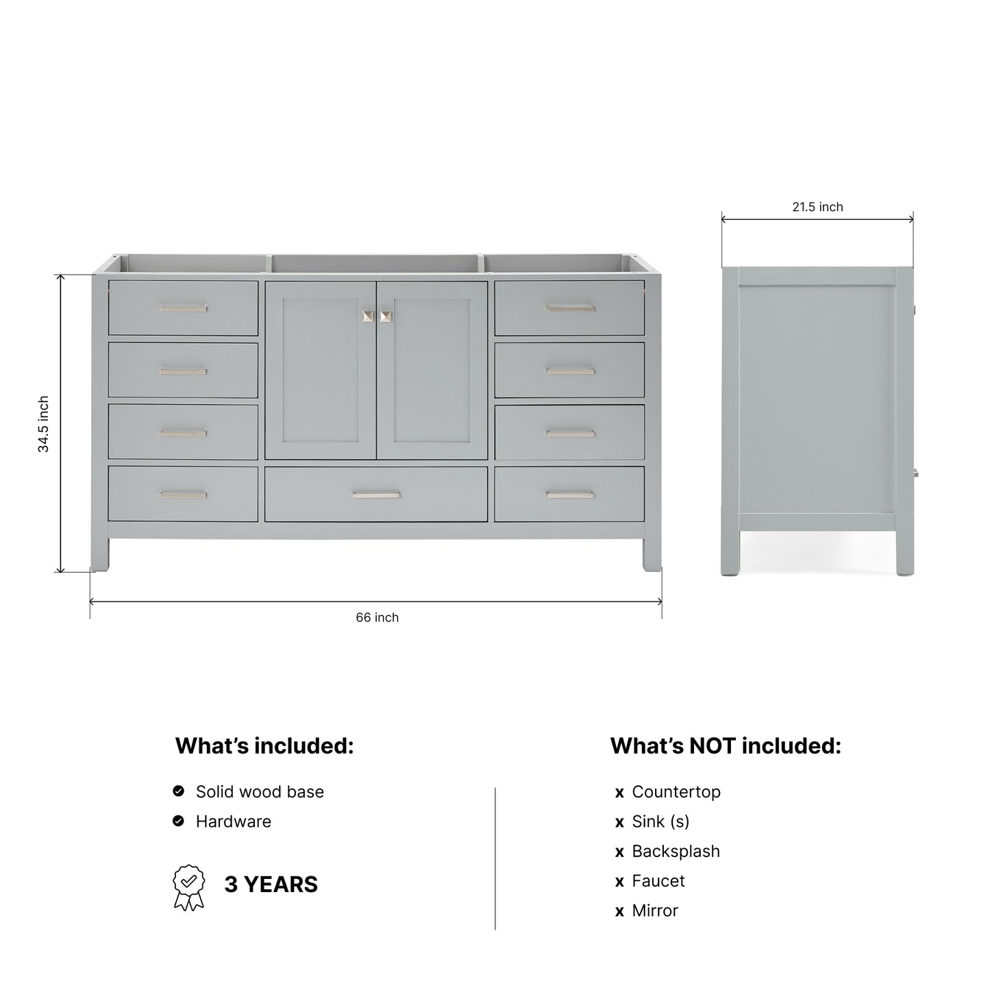 Beckford 66-inch Grey base cabinet on dimensions