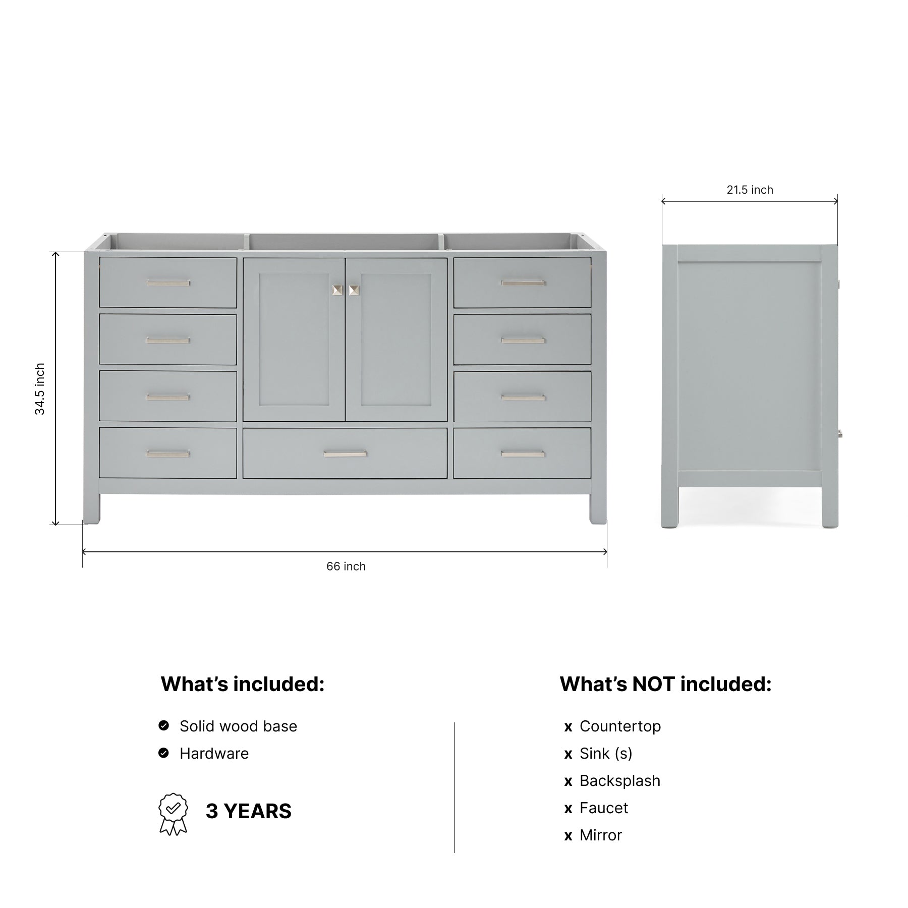 Beckford 66-inch Grey base cabinet on dimensions
