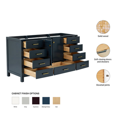 Beckford 66-inch Midnight Blue base cabinet on feature highlights: solid wood frame, soft-close doors and drawers, Sherwin-Williams paint finish