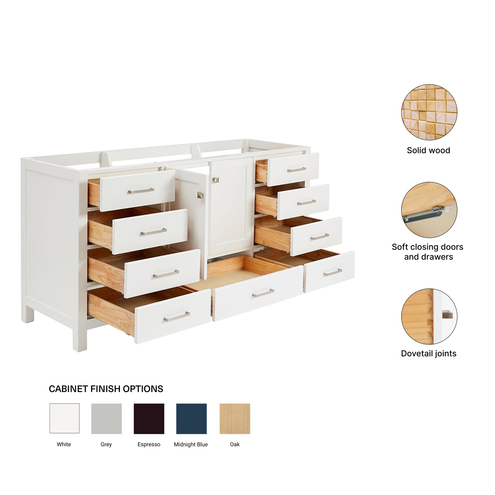Beckford 66-inch White base cabinet on feature highlights: solid wood frame, soft-close doors and drawers, Sherwin-Williams paint finish