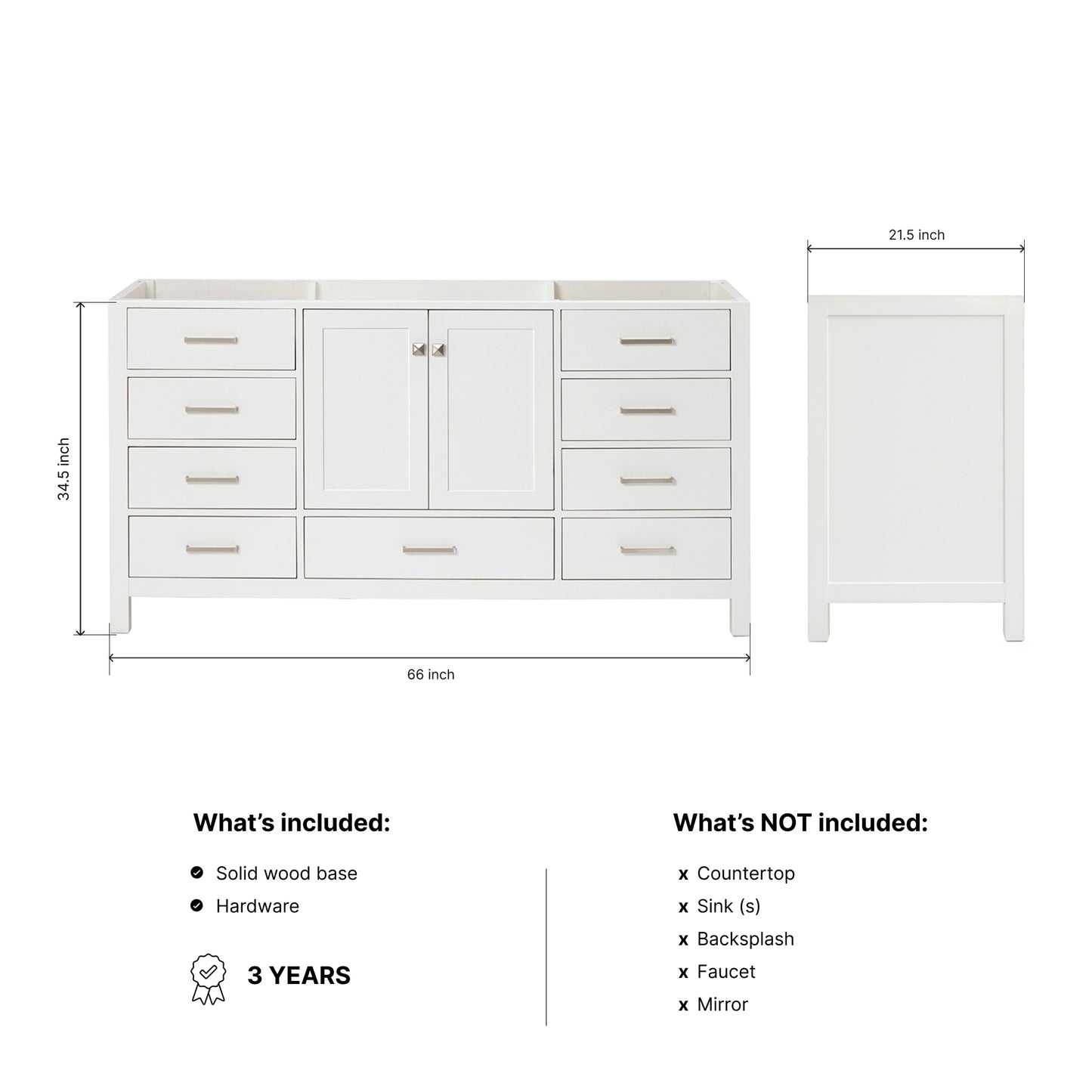 Beckford 66-inch White base cabinet on dimensions
