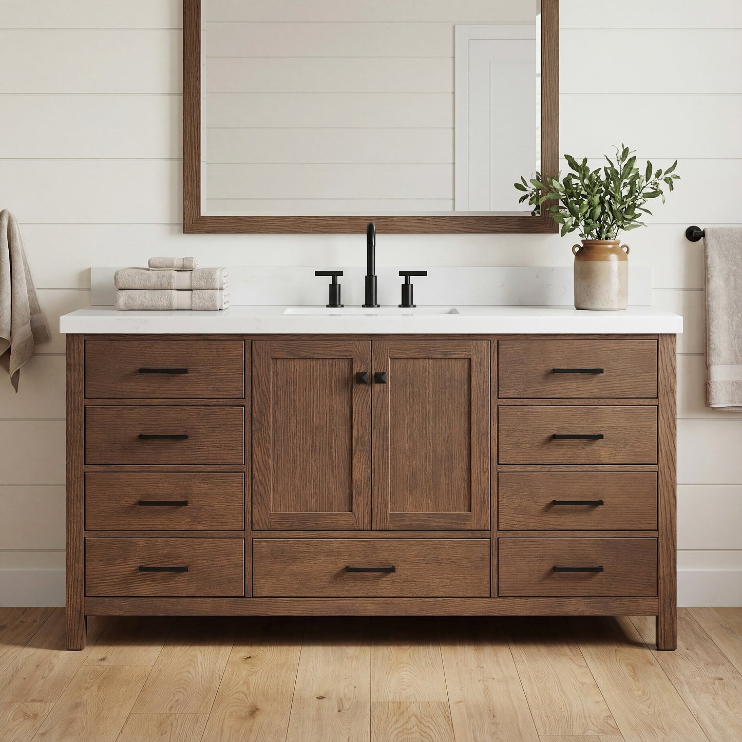 Beckford 66-Inch Brown Oak bathroom vanity in styled bathroom setting