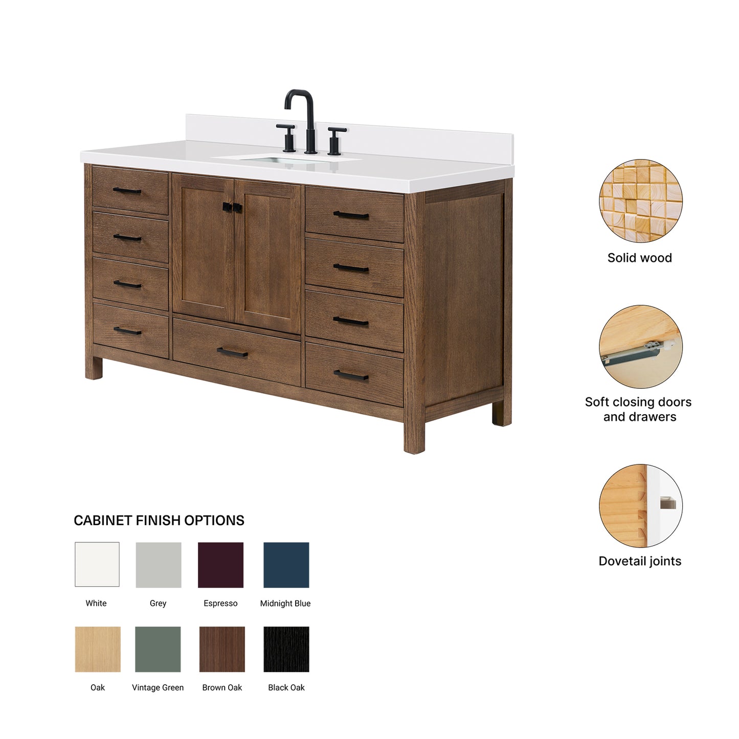Beckford 66-Inch Brown Oak bathroom vanity – feature highlights: solid wood frame, soft-close doors and drawers, Sherwin-Williams paint finish