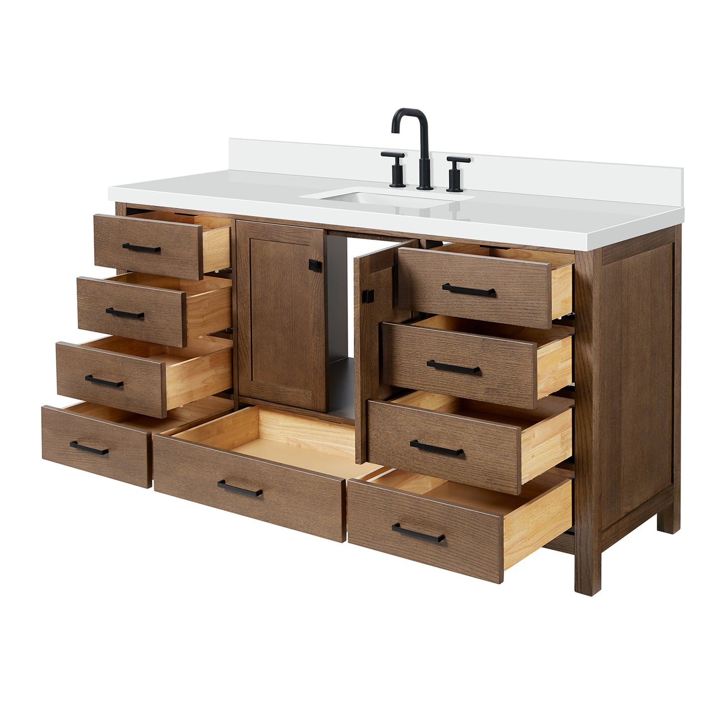 Beckford 66-Inch Brown Oak bathroom vanity on white background – product photo 6