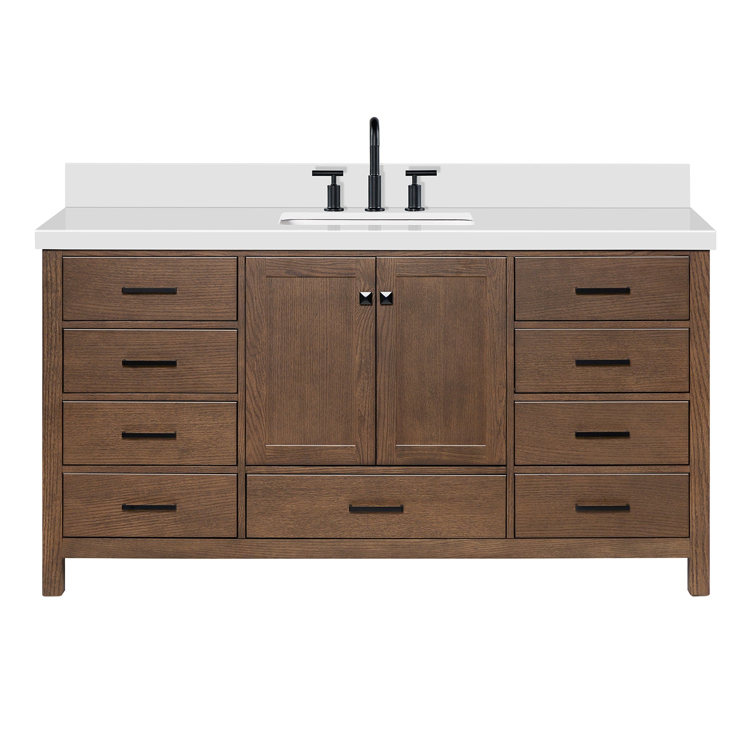 Beckford 66-Inch Brown Oak bathroom vanity on white background – product photo 3