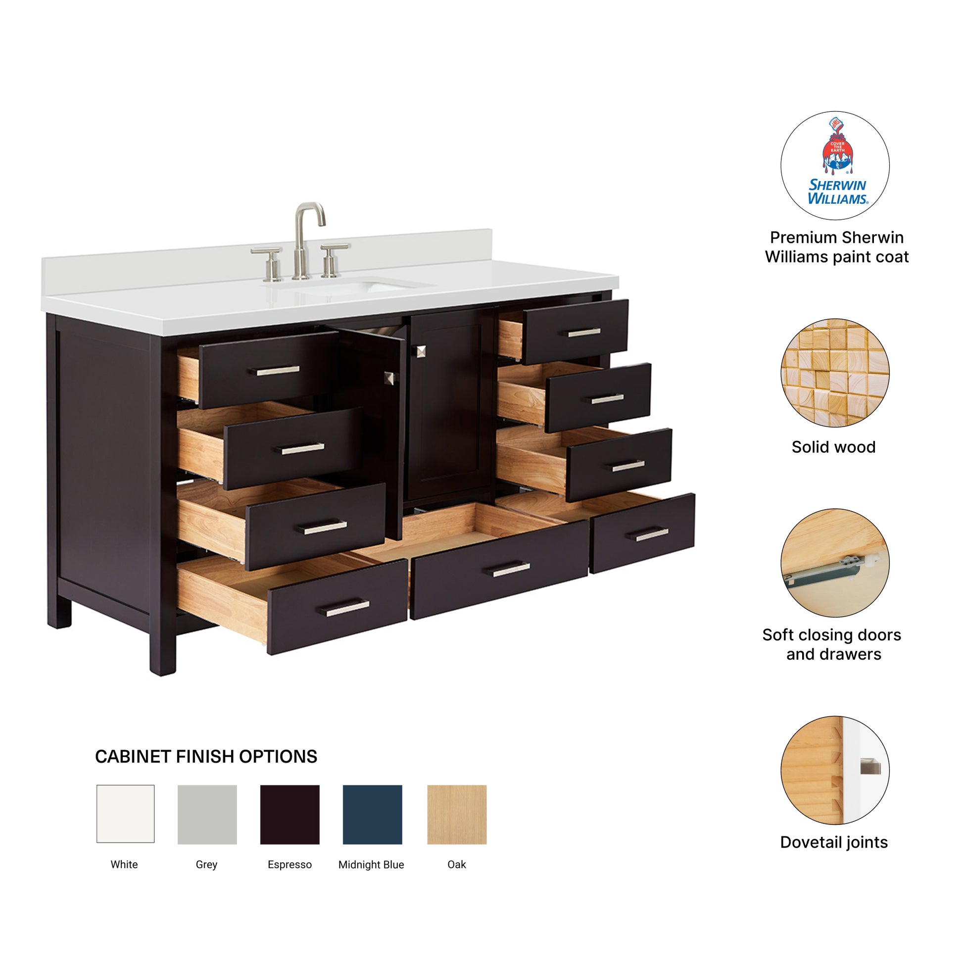 Beckford 66-Inch Espresso bathroom vanity – feature highlights: solid wood frame, soft-close doors and drawers, Sherwin-Williams paint finish