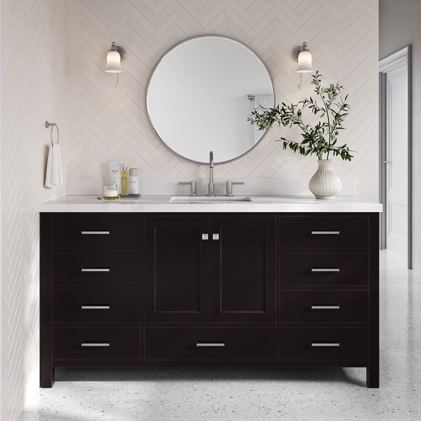 Beckford 66-Inch Espresso bathroom vanity in styled bathroom setting