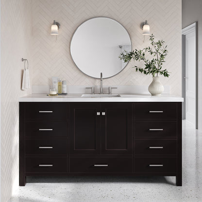 Beckford 66-Inch Espresso bathroom vanity in styled bathroom setting