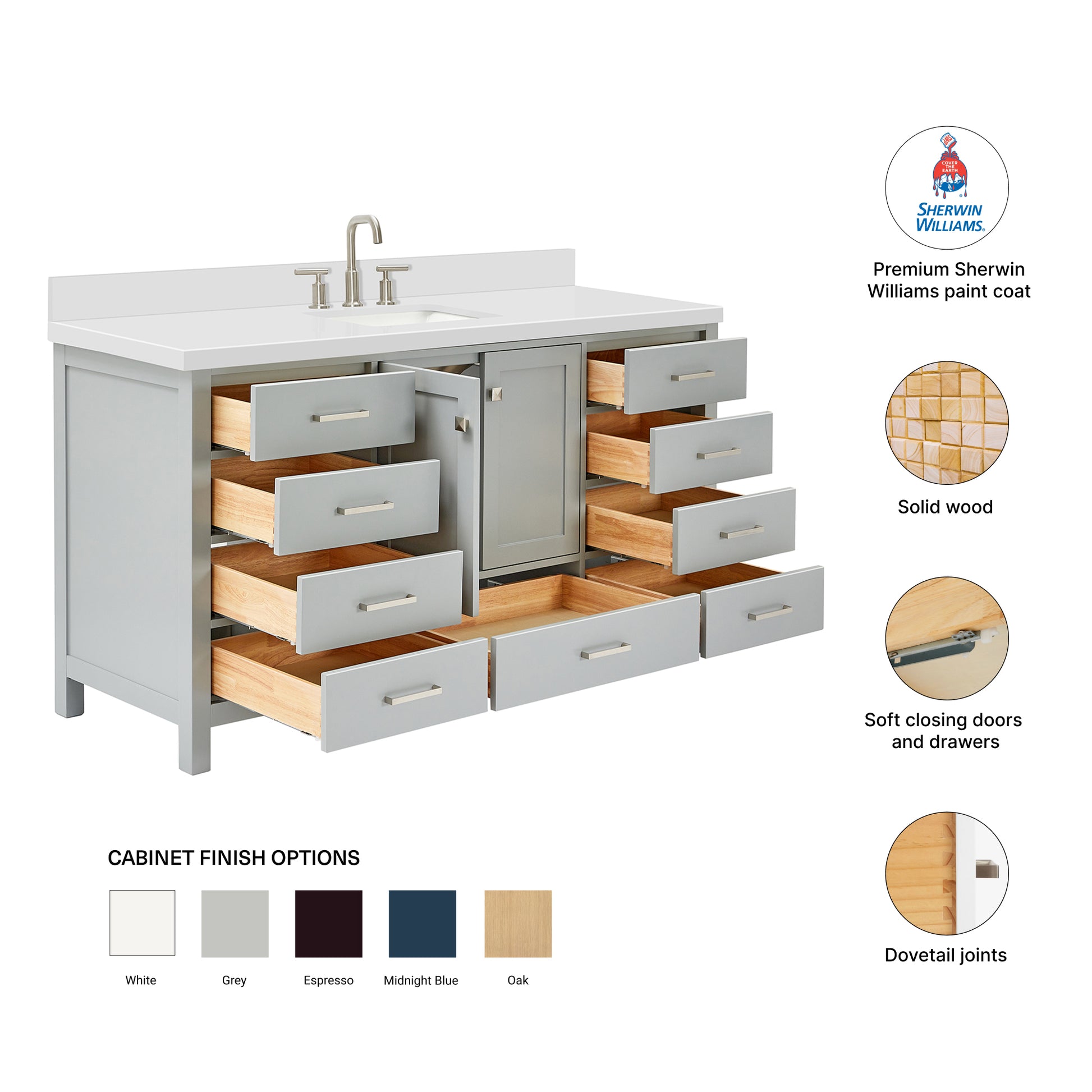 Beckford 66-Inch Grey bathroom vanity – feature highlights: solid wood frame, soft-close doors and drawers, Sherwin-Williams paint finish
