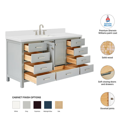 Beckford 66-Inch Grey bathroom vanity – feature highlights: solid wood frame, soft-close doors and drawers, Sherwin-Williams paint finish
