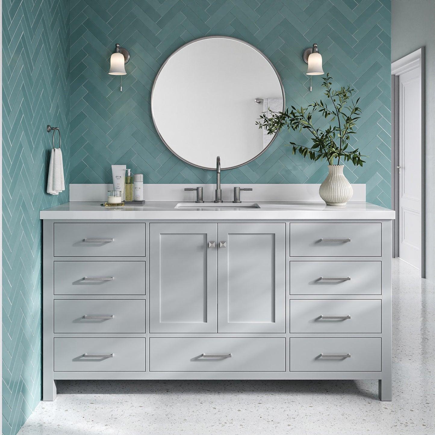 Beckford 66-Inch Grey bathroom vanity in styled bathroom setting
